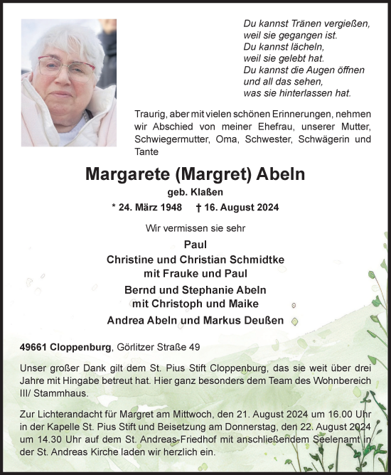 Anzeige von Margarete Abeln von OM-Medien