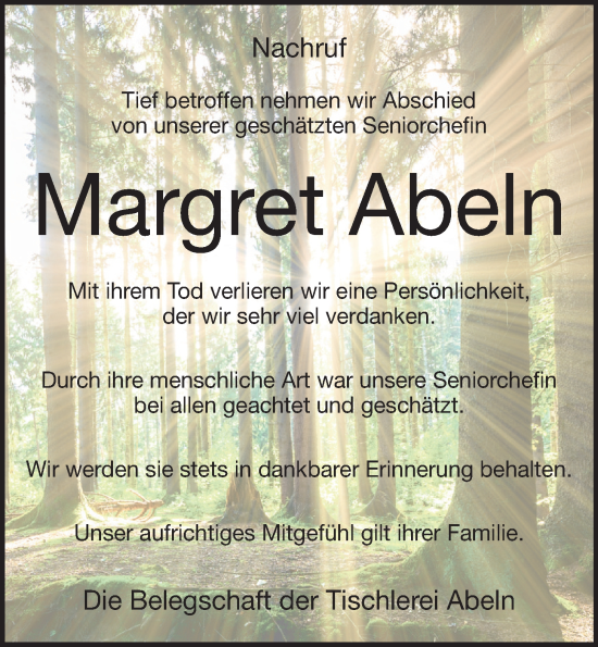 Anzeige von Margret Abeln von OM-Medien