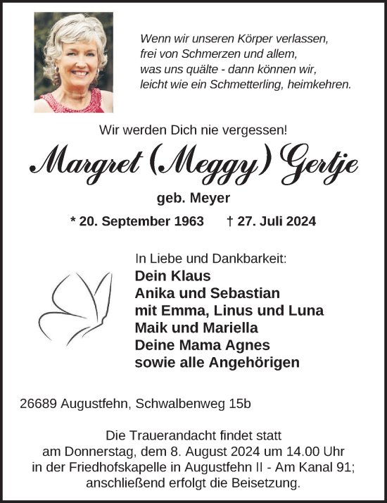 Anzeige von Margret Gertje von OM-Medien