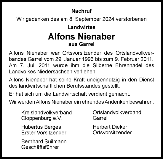 Anzeige von Alfons Nienaber von OM-Medien