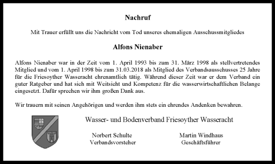 Anzeige von Alfons Nienaber von OM-Medien