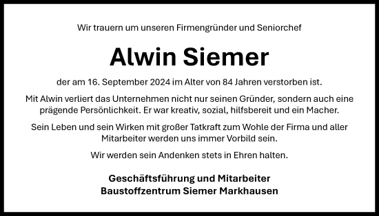 Anzeige von Alwin Siemer von OM-Medien