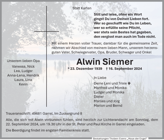 Anzeige von Alwin Siemer von OM-Medien