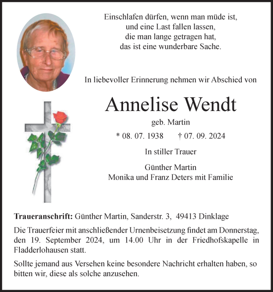 Anzeige von Annelise Wendt von OM-Medien