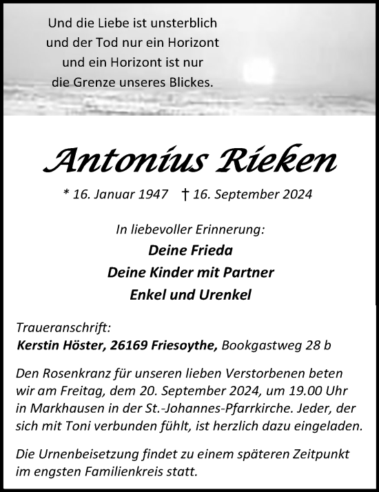 Anzeige von Antonius Rieken von OM-Medien