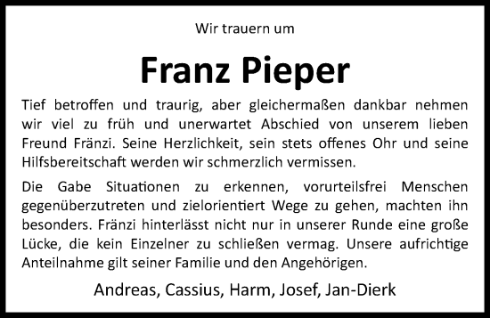 Anzeige von Franz Pieper von OM-Medien