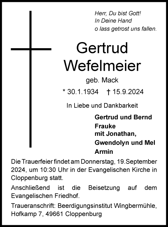 Anzeige von Gertrud Wefelmeier von OM-Medien