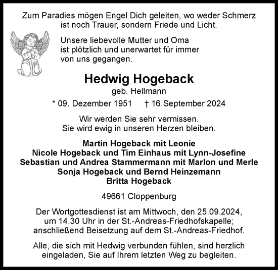 Anzeige von Hedwig Hogeback von OM-Medien