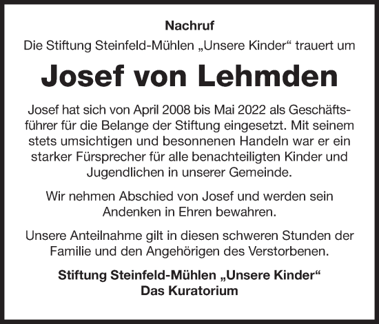 Anzeige von Josef von Lehmden von OM-Medien
