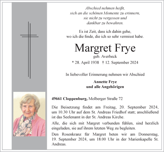 Anzeige von Margret Frye von OM-Medien