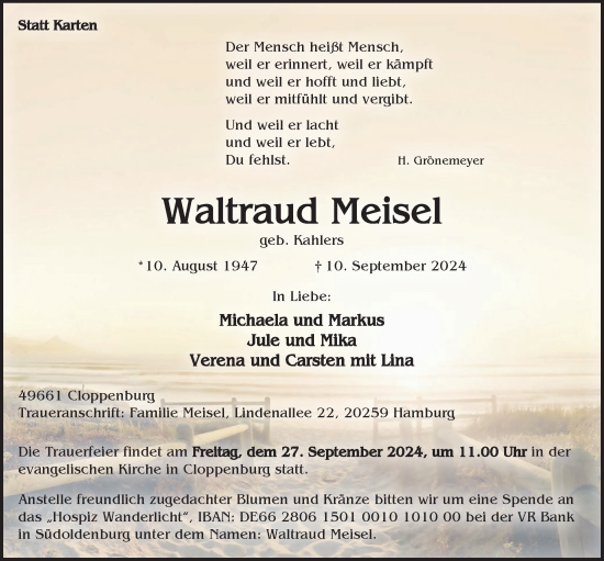 Anzeige von Waltraud Meisel von OM-Medien