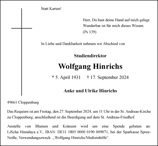 Anzeige von Wolfgang Hinrichs von OM-Medien