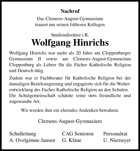 Anzeige von Wolfgang Hinrichs von OM-Medien