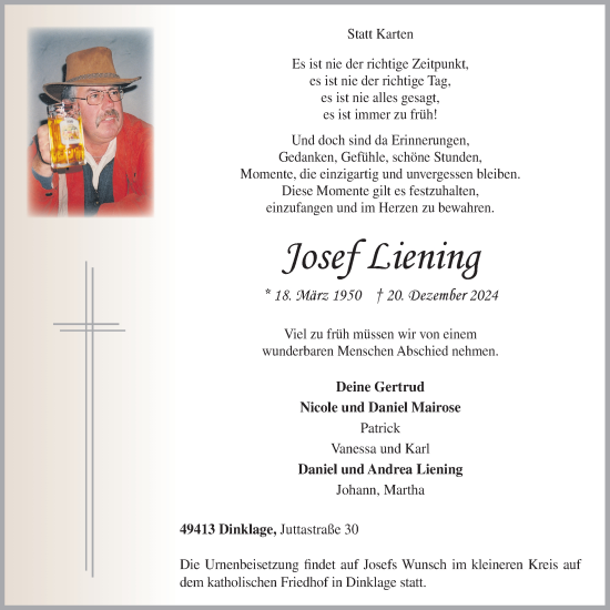 Anzeige von Josef Liening von OM-Medien