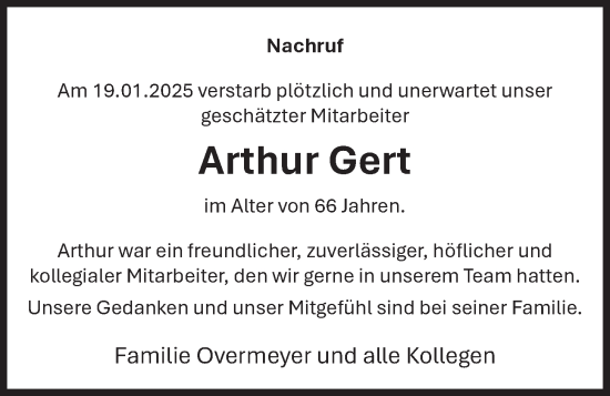 Anzeige von Arthur Gert von OM-Medien