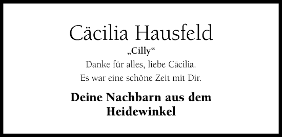 Anzeige von Cäcilia Hausfeld von OM-Medien