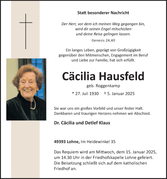 Anzeige von Cäcilia Hausfeld von OM-Medien