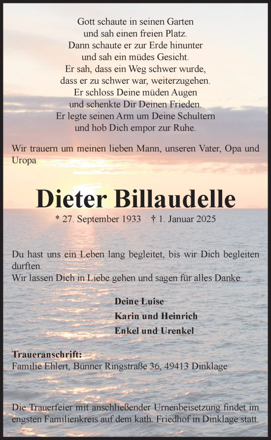 Anzeige von Dieter Billaudelle von OM-Medien