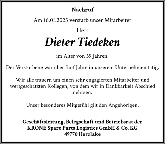 Anzeige von Dieter Tiedeken von OM-Medien