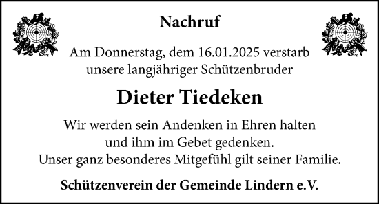 Anzeige von Dieter Tiedeken von OM-Medien