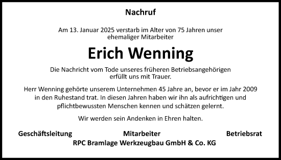 Anzeige von Erich Wenning von OM-Medien