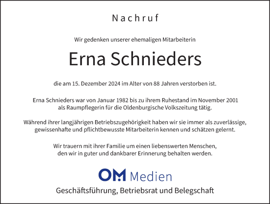 Anzeige von Erna Schnieders von OM-Medien