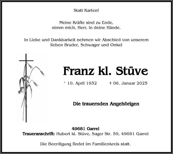 Anzeige von Franz Stüve von OM-Medien