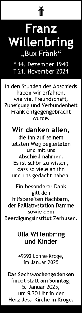 Anzeige von Franz Willenbring von OM-Medien