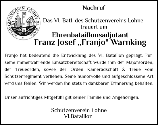 Anzeige von Franz Josef Warnking von OM-Medien