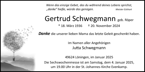 Anzeige von Gertrud Schwegmann von OM-Medien