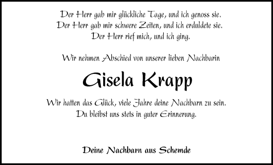 Anzeige von Gisela Krapp von OM-Medien