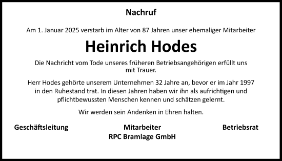 Anzeige von Heinrich Hodes von OM-Medien