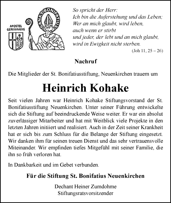 Anzeige von Heinrich Kohake von OM-Medien