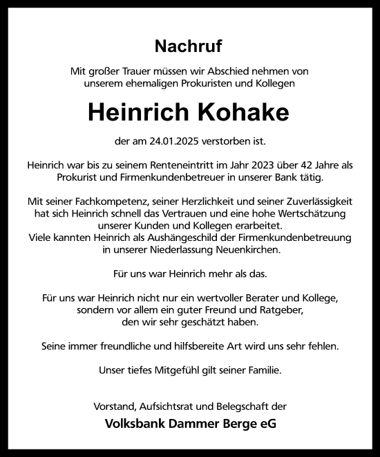 Anzeige von Heinrich Kohake von OM-Medien
