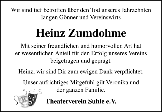 Anzeige von Heinz Zumdohme von OM-Medien