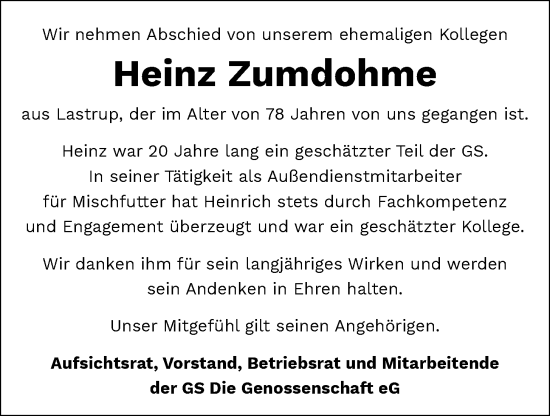Anzeige von Heinz Zumdohme von OM-Medien