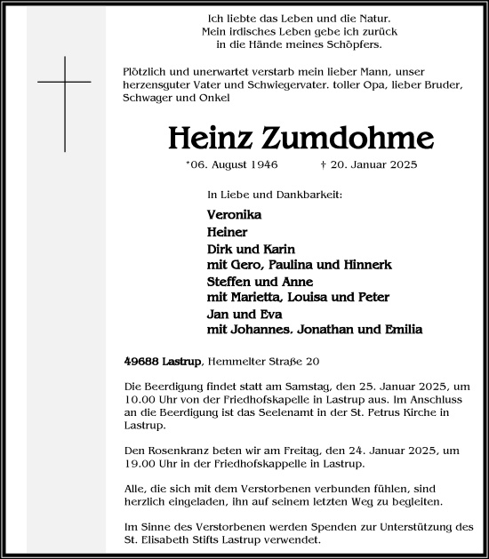 Anzeige von Heinz Zumdohme von OM-Medien