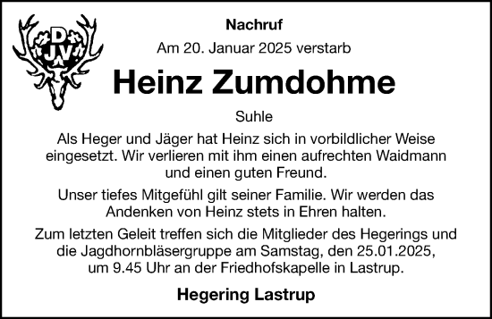 Anzeige von Heinz Zumdohme von OM-Medien