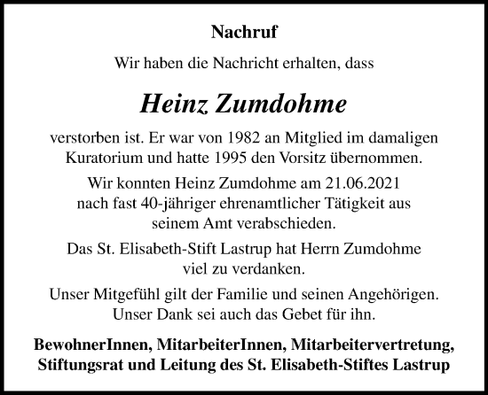 Anzeige von Heinz Zumdohme von OM-Medien
