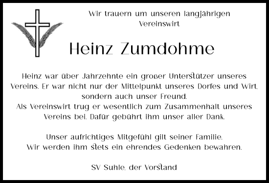 Anzeige von Heinz Zumdohme von OM-Medien