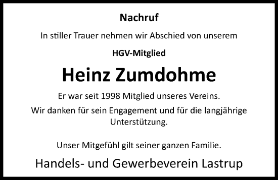 Anzeige von Heinz Zumdohme von OM-Medien