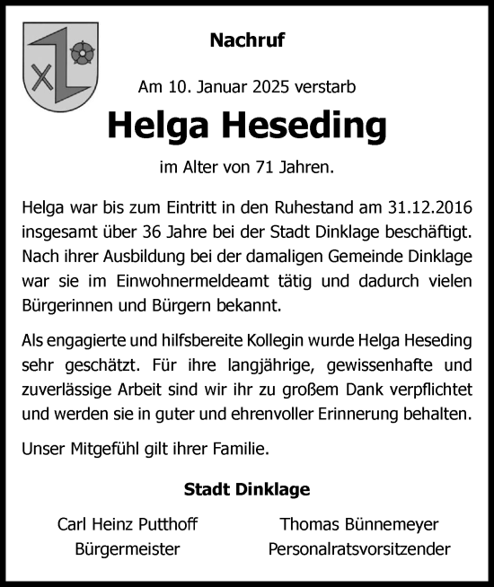 Anzeige von Helga Heseding von OM-Medien