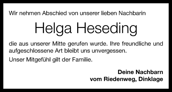 Anzeige von Helga Heseding von OM-Medien
