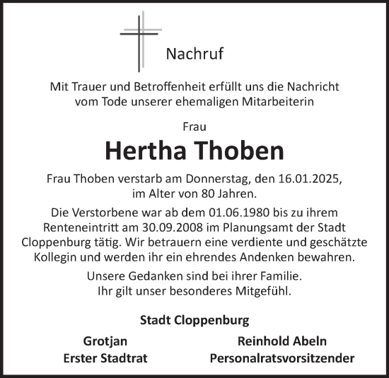 Anzeige von Hertha Thoben von OM-Medien