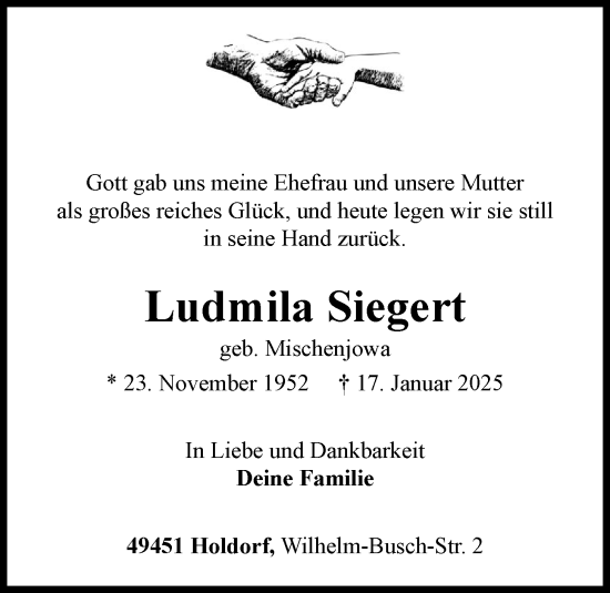 Anzeige von Ludmila Siegert von OM-Medien