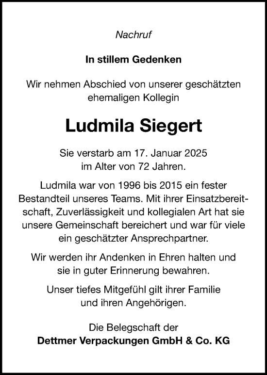 Anzeige von Ludmila Siegert von OM-Medien