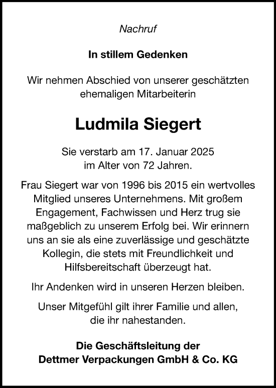 Anzeige von Ludmila Siegert von OM-Medien