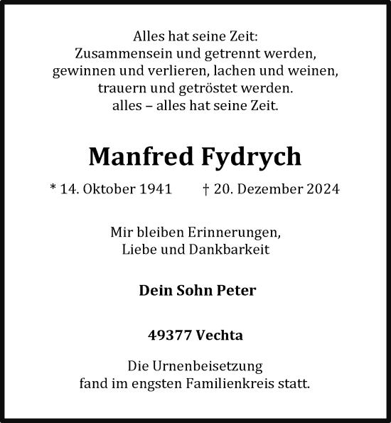 Anzeige von Manfred Fydrych von OM-Medien