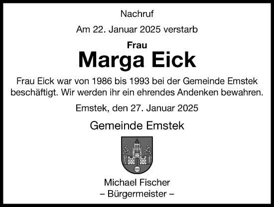 Anzeige von Marga Eick von OM-Medien