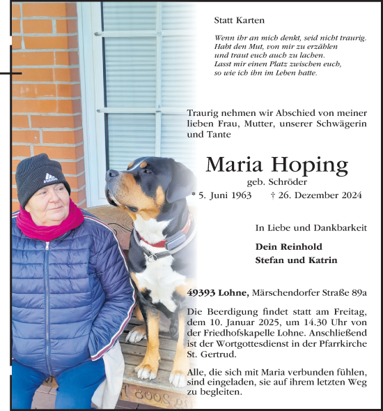 Anzeige von Maria Hoping von OM-Medien